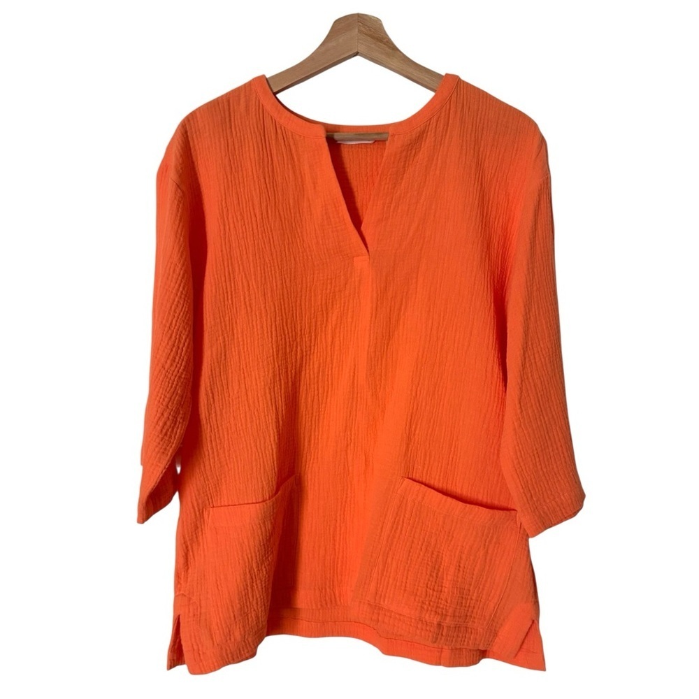 Soft Surroundings Araza Gauze Tunic Top Orange Cotton Pockets Small Vacation - Picture 2 of 7